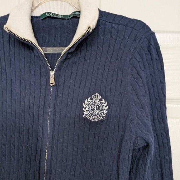 Lauren Ralph Lauren Ribbed Sweater Womens Size Medium Blue Embroidered  Full Zip - Picture 2 of 8
